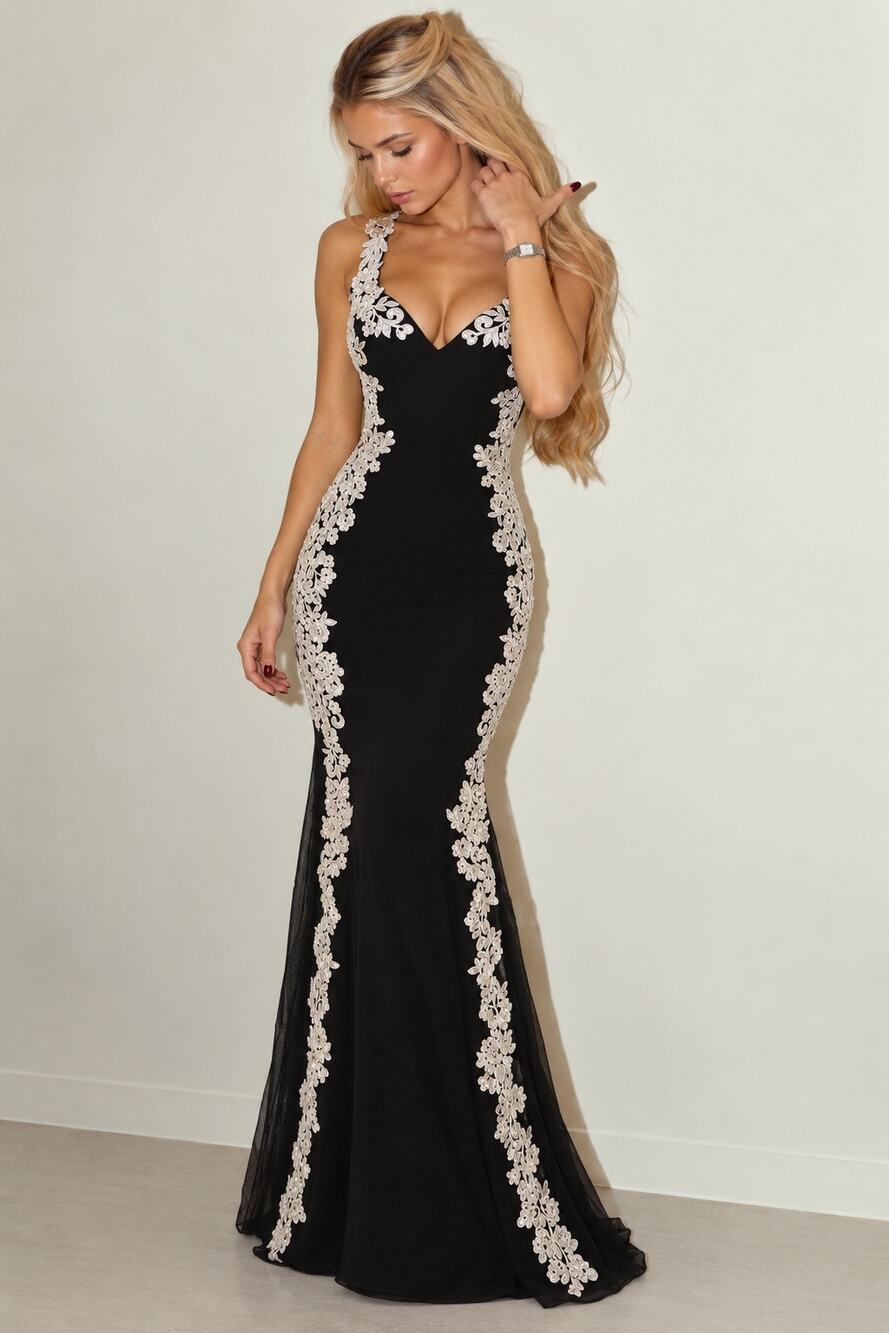 Betsy & Adam Black Lace Illusion Mesh Maxi Gown Dress Sz S Formal Prom MSRP $299